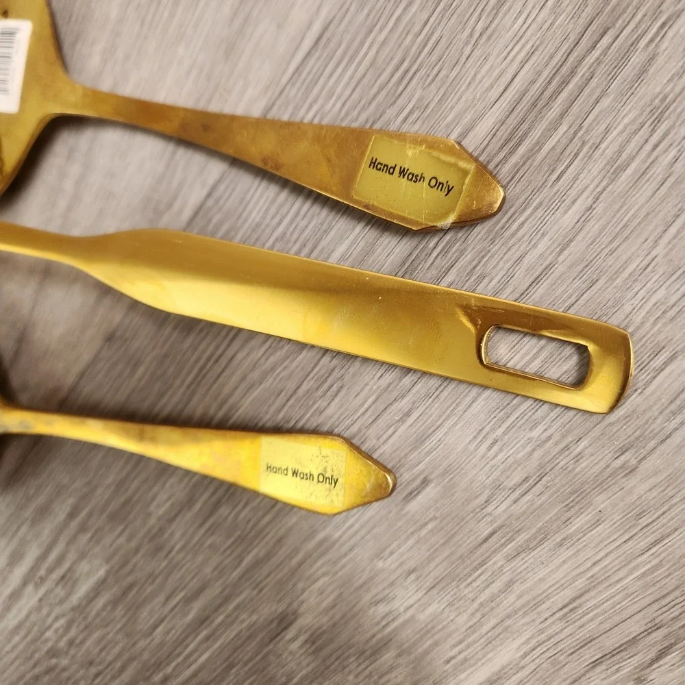 Never Used.  Brass Gold Tone Metal Slotted Spoons Skimmers Ladle Kitchen Gadgets